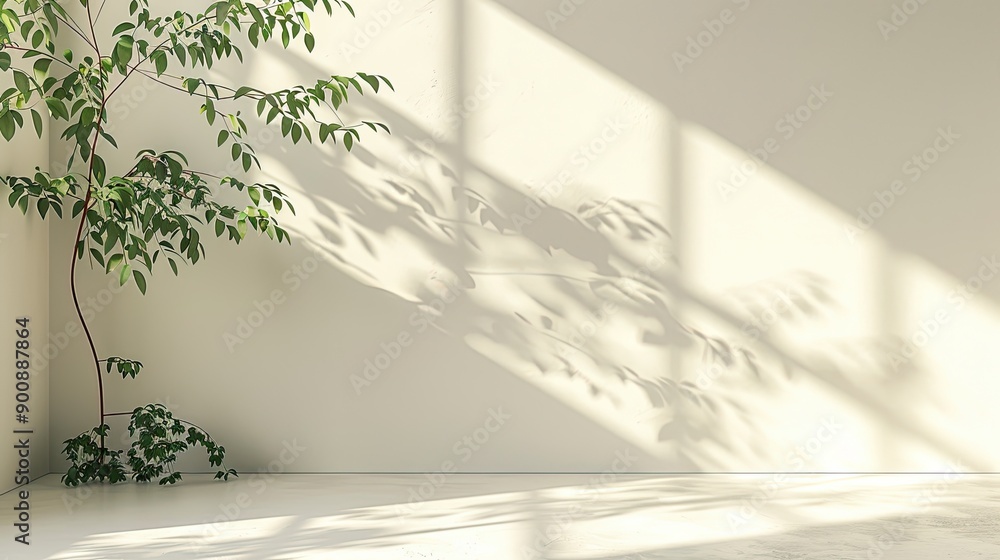 A white room with a plant in the corner and a window that casts a shadow on the wall A white room with a plant in the corner and a window that casts a shadow on the wall