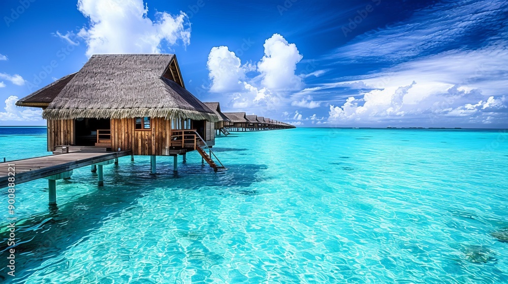 Luxurious overwater bungalow offering a stunning split view of a vibrant coral reef underwater and serene sea horizon above. Luxurious overwater bungalow offering a stunning split view of a vibrant coral reef underwater and serene sea horizon above.