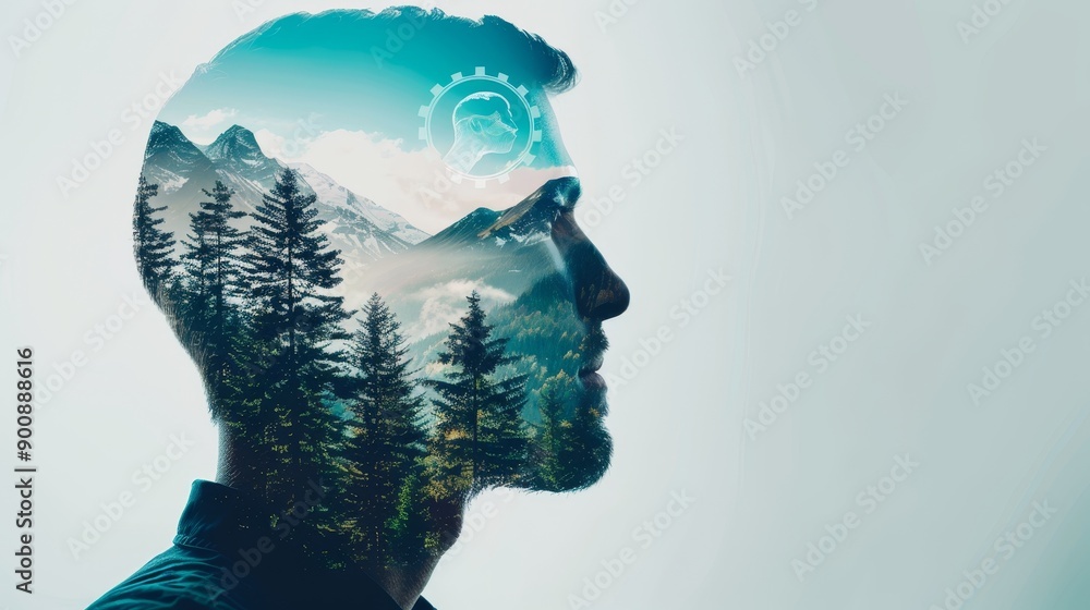 Social worker interacting with a community, double exposure merging their image with a futuristic digital interface and serene mountain forest landscape Social worker interacting with a community, double exposure merging their image with a futuristic digital interface and serene mountain forest landscape