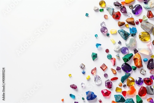 Colorful gemstones scattered on a white background in a flat lay, top view. Colorful sapphires and rubies on a white background. Gemstone frame rainbow