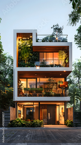 This exquisite threestory home showcases a sleek, contemporary design with balconies and beautiful green surroundings, ideal for those seeking a luxurious and modern living experience
