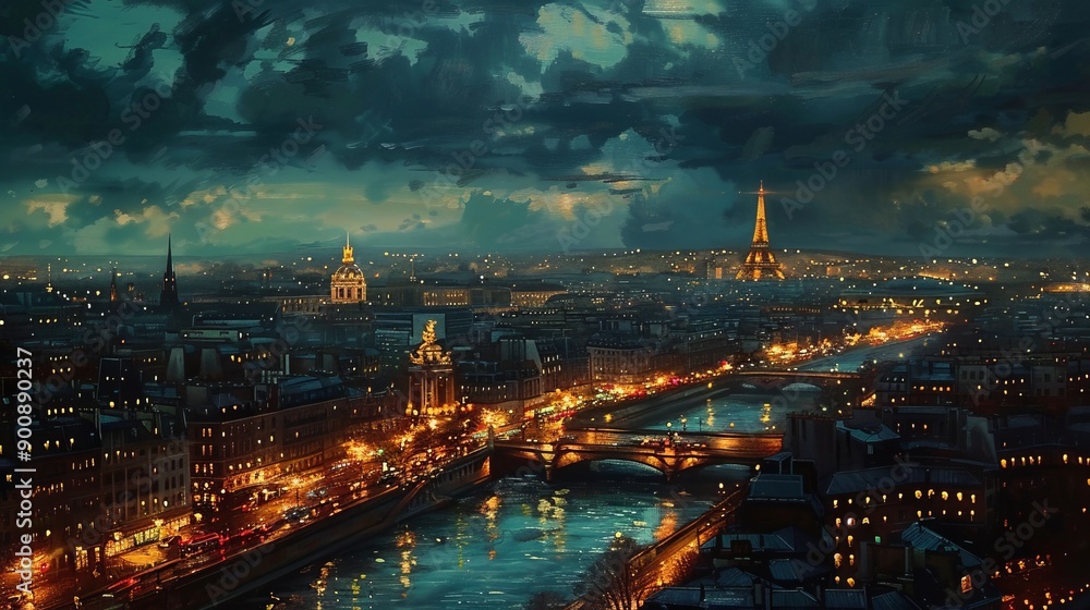 Fototapeta premium Eiffel Tower iconic landmark and Paris old roofs from above, Paris France
