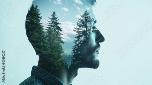 Double exposure photography of an engineer, digital interface elements, and a lush mountain forest, blending futuristic concepts with natural landscapes