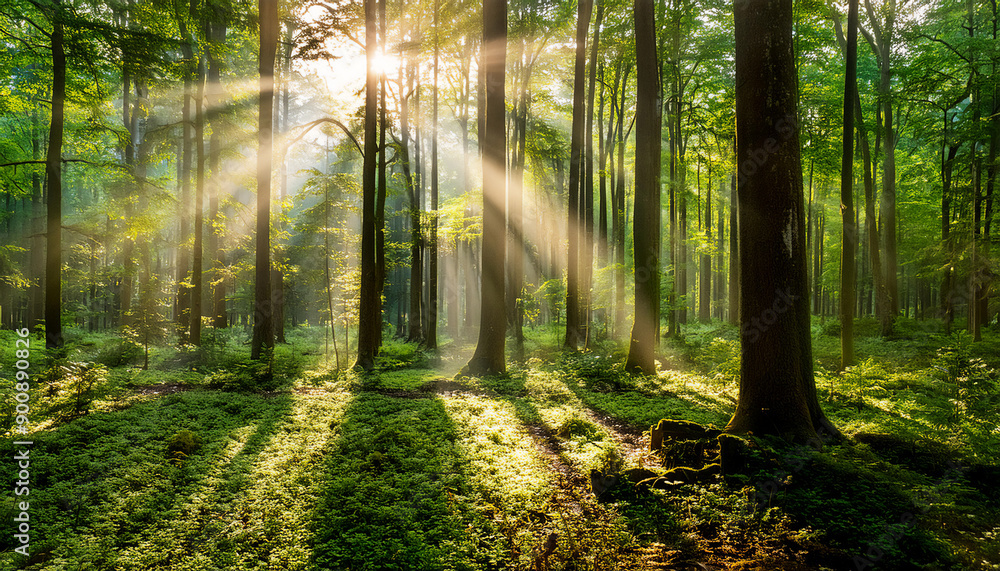 Obraz premium Beautiful rays of sunlight in a green forest 