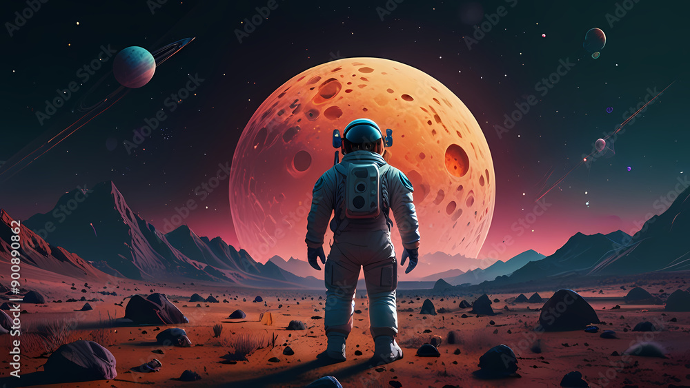 Obraz premium Illustration background Of an astronaut is exploring an alien landscape