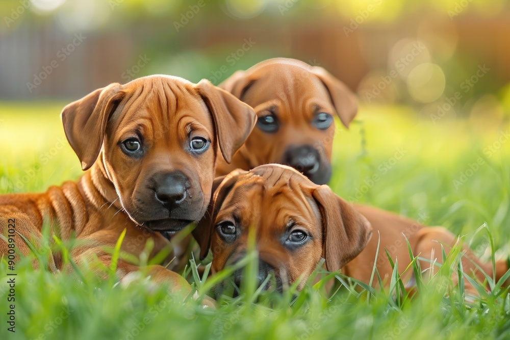 Three puppies are laying in the grass, looking at the camera. Scene is warm and friendly, as the puppies seem to be enjoying each other's company Three puppies are laying in the grass, looking at the camera. Scene is warm and friendly, as the puppies seem to be enjoying each other's company