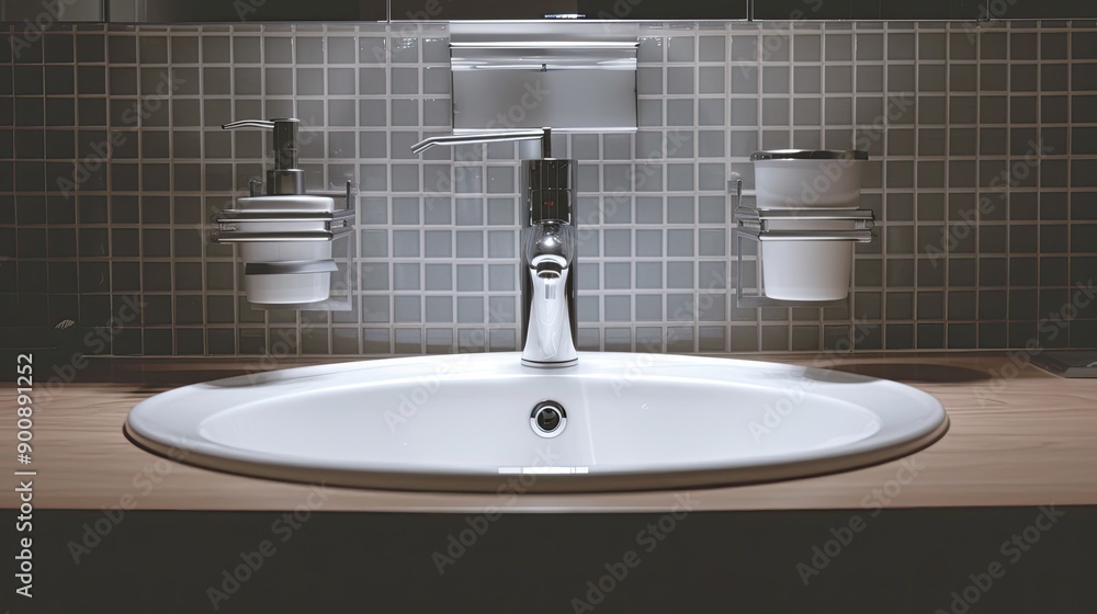 Fototapeta premium A sink with a silver faucet and a soap dispenser