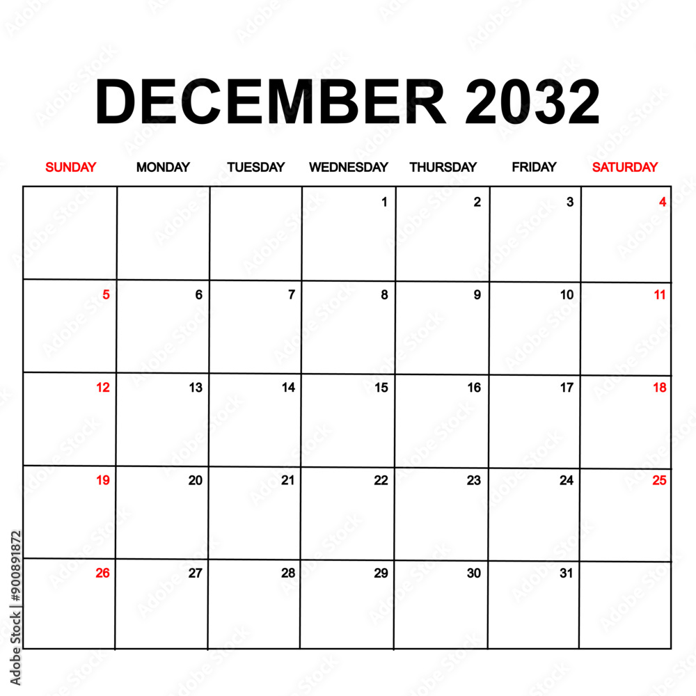 december 2032. Calendar with holydays or red dates. monthly calendar design with week starts on sunday. printable, simple, and clean vector design isolated on white background. december 2032. Calendar with holydays or red dates. monthly calendar design with week starts on sunday. printable, simple, and clean vector design isolated on white background.