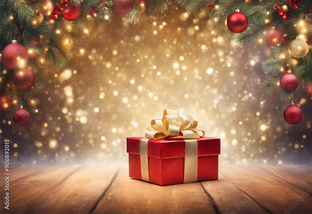 Presente de Natal, com fundo infinito iluminado dourado. Presente de Natal, com fundo infinito iluminado dourado.