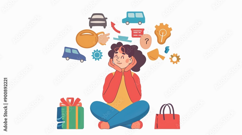 young woman thinking about house car and stuff young woman thinking about house car and stuff