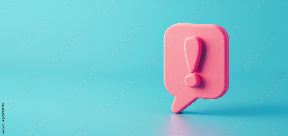 Pink Exclamation Mark in Speech Bubble on Blue Background Pink Exclamation Mark in Speech Bubble on Blue Background