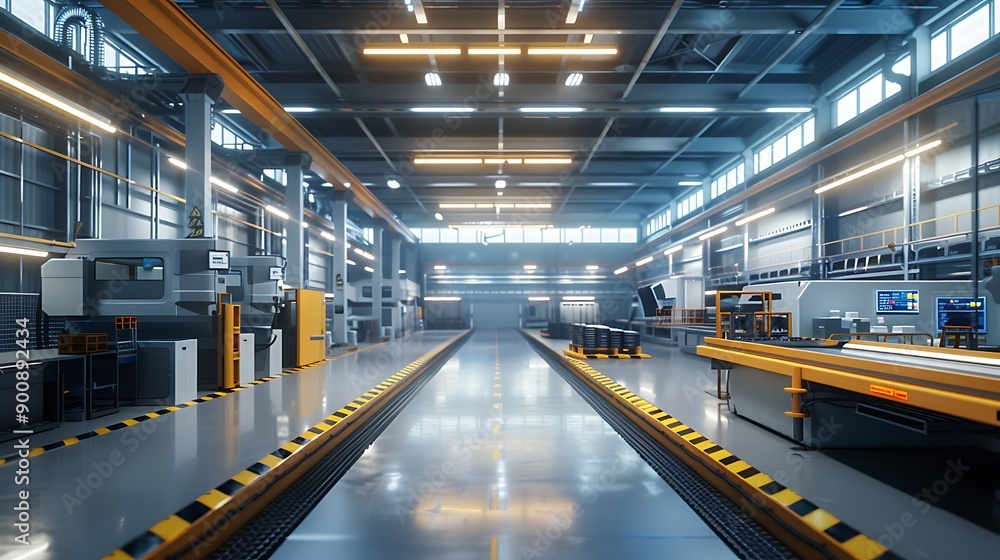 Obraz premium factory warehouse with conveyor belt and industrial equipment