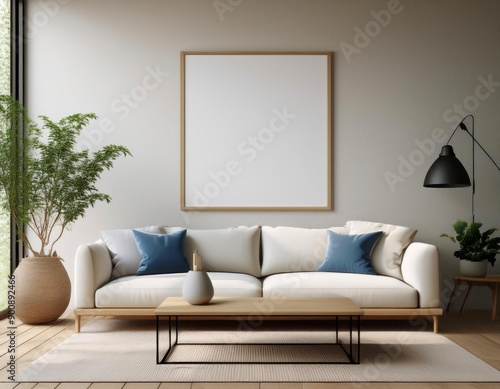 Mock up poster empty frame with modern loft interior background. Generated image