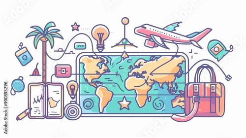 Illustration Travel Concept with Plane, Famous Landmark World, and Traveling luggage