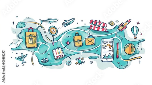 Illustration Travel Concept with Plane, Famous Landmark World, and Traveling luggage