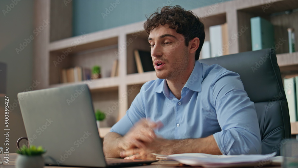 Remote worker greeting partner on video call closeup. Busy accountant talk web Remote worker greeting partner on video call closeup. Busy accountant talk web