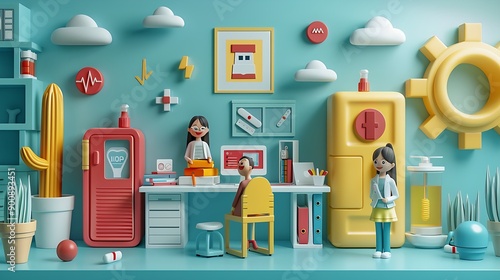 Wallpaper Mural A 3D illustration of a dentist's office with cartoon characters. Torontodigital.ca