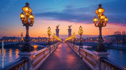 Lamp post in Alexander III bridge with Eiffel tower on the background. Paris, France