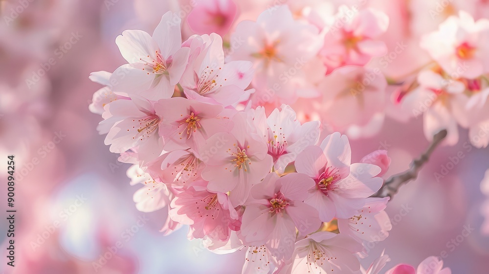 A close-up of blooming cherry blossoms, with their delicate pink petals and the garden in the background. A close-up of blooming cherry blossoms, with their delicate pink petals and the garden in the background.