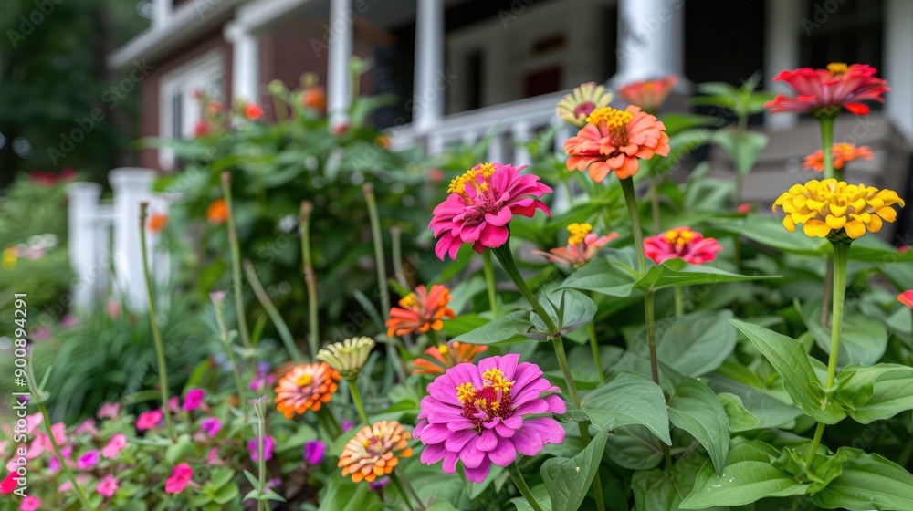 A close-up of colorful zinnias and snapdragons in a front garden, with the house elegant architecture in the background. A close-up of colorful zinnias and snapdragons in a front garden, with the house elegant architecture in the background.
