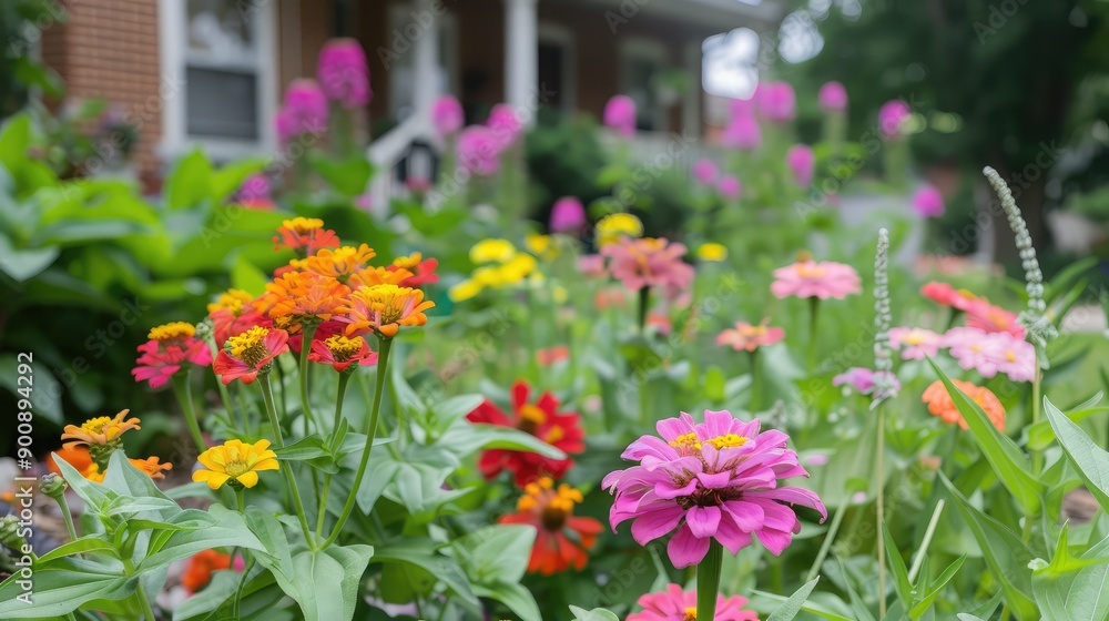 A close-up of colorful zinnias and snapdragons in a front garden, with the house elegant architecture in the background. A close-up of colorful zinnias and snapdragons in a front garden, with the house elegant architecture in the background.
