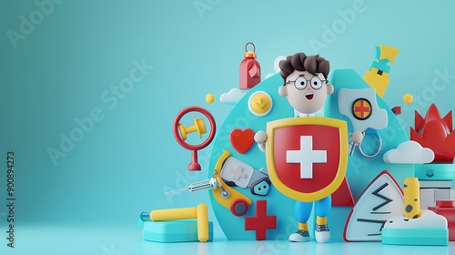 3D cartoon character with a shield, protecting against illness.
