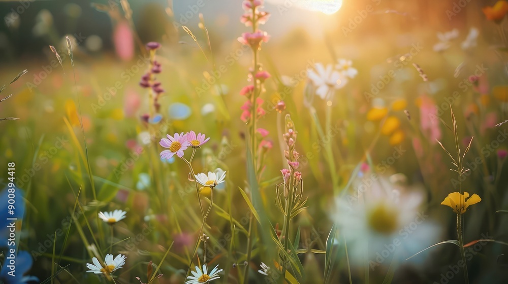 A close-up of wildflowers growing in a grass field, showing the diversity of plant life. A close-up of wildflowers growing in a grass field, showing the diversity of plant life.