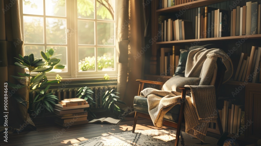 A cozy reading nook by a sunlit window, with a comfortable chair, a stack of books, and a soft throw blanket. A cozy reading nook by a sunlit window, with a comfortable chair, a stack of books, and a soft throw blanket.