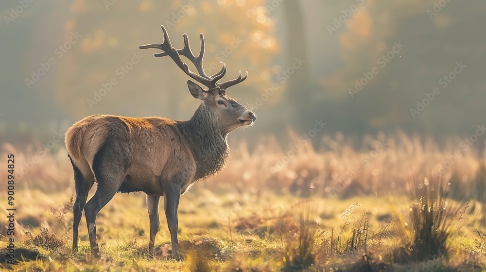 Fototapeta premium Deer on a forest path during sunrise in early autumn.