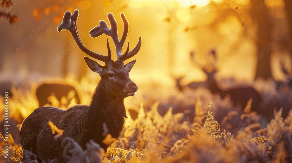 Deer on a forest path during sunrise in early autumn. Deer on a forest path during sunrise in early autumn.