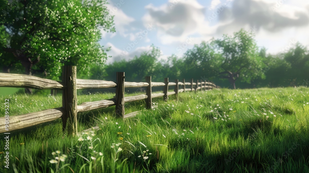 A grass field with a wooden fence running through it, creating a rustic and charming scene. A grass field with a wooden fence running through it, creating a rustic and charming scene.