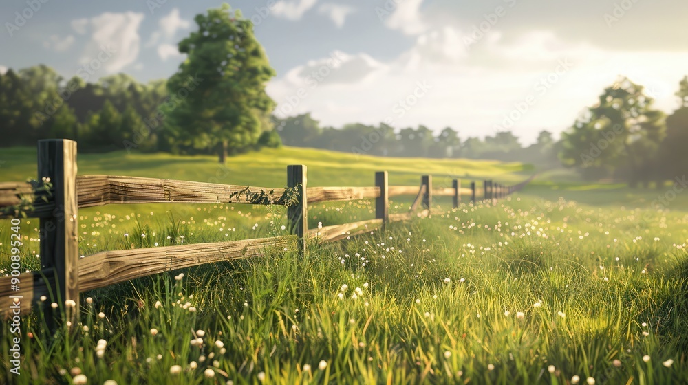 Fototapeta premium A grass field with a wooden fence running through it, creating a rustic and charming scene.