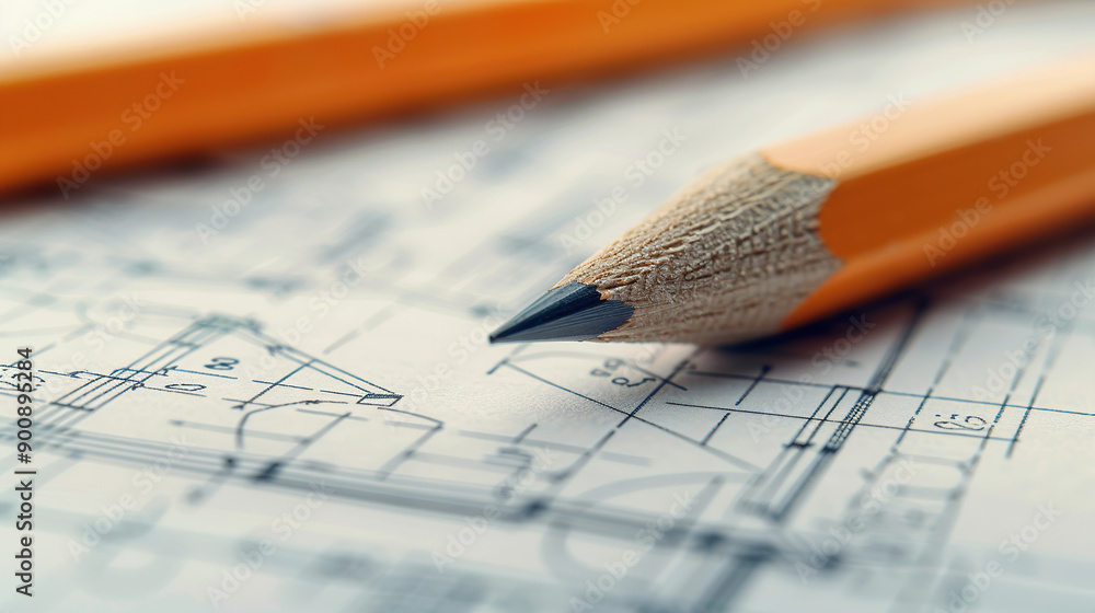 Close-up of an orange pencil on blueprints Close-up of an orange pencil on blueprints