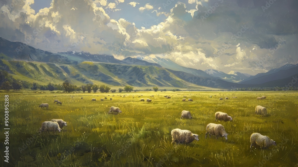 Obraz premium A herd of sheep grazing peacefully in a large grass field, adding life to the landscape.