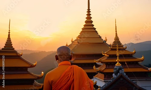 Buddhist monk in the temple at sunset,Thailand.