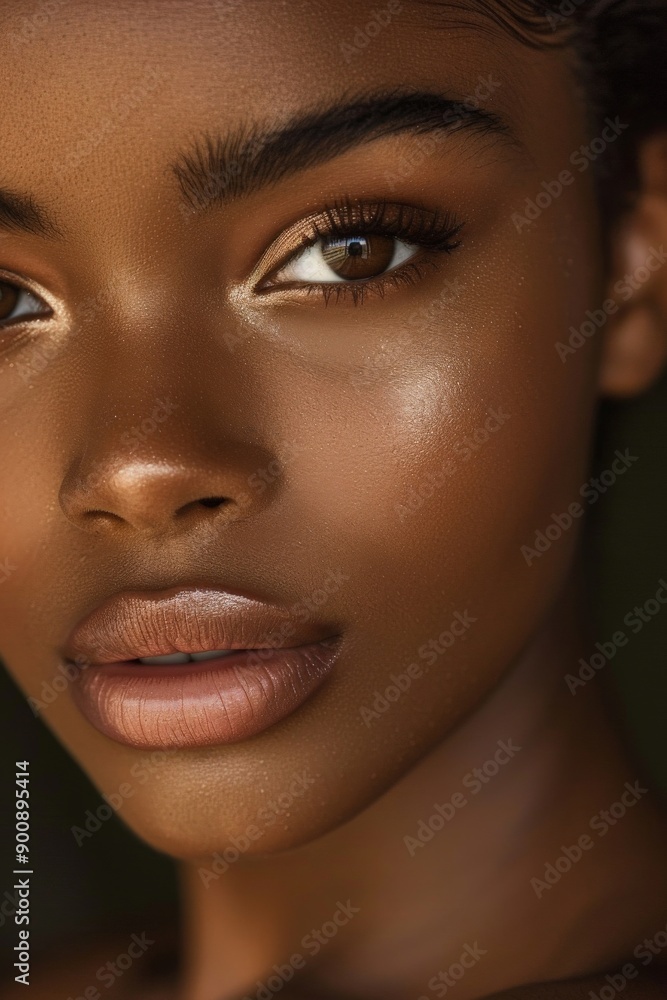 Close-up of a beautiful African American woman's face in a studio, showcasing her perfect mulatto skin and minimal makeup