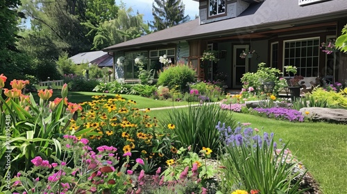 Wallpaper Mural A lush flower garden with a variety of blooming plants, creating a vibrant and inviting front yard for a picturesque house. Torontodigital.ca