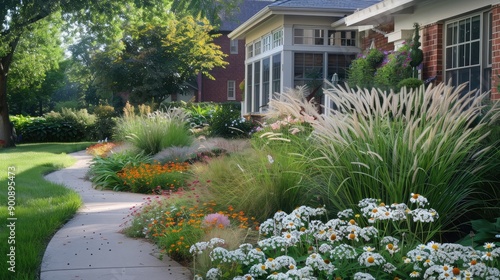 Fototapeta Naklejka Na Ścianę i Meble -  A lush front yard filled with blooming flowers and ornamental grasses, creating a vibrant and welcoming scene for a family home.