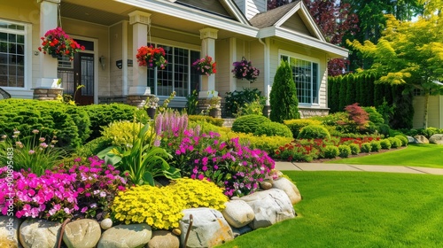 Fototapeta Naklejka Na Ścianę i Meble -  A lush front yard with a variety of blooming flowers and green shrubs, creating a vibrant and welcoming scene for a family home.