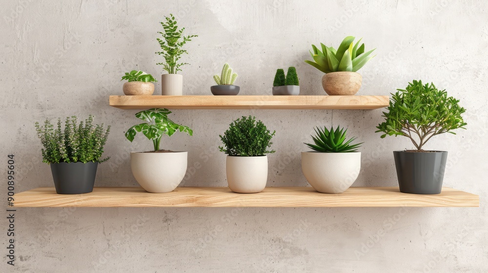 A minimalist wooden shelf displaying a collection of potted plants, adding a touch of greenery to the room. A minimalist wooden shelf displaying a collection of potted plants, adding a touch of greenery to the room.