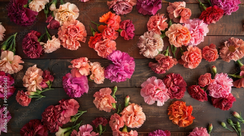 A mix of colorful carnations spread across a warm-toned wooden floor, adding a touch of elegance. A mix of colorful carnations spread across a warm-toned wooden floor, adding a touch of elegance.