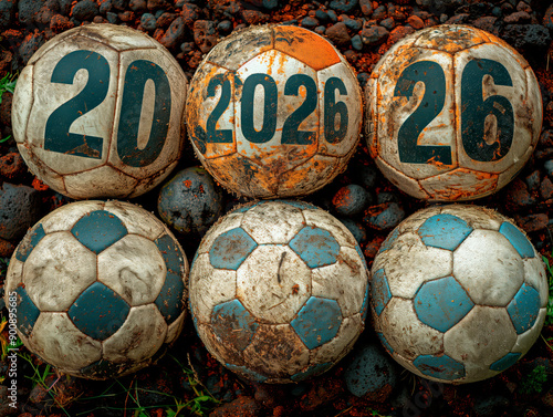 Multiple soccer balls marked with the date 