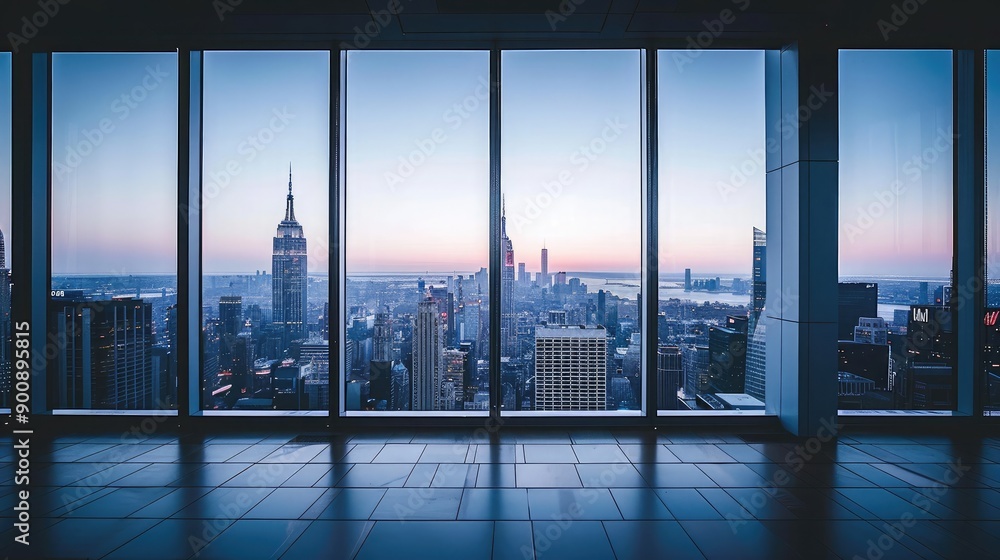 Fototapeta premium A modern cityscape viewed from a high-rise apartment window, with sleek, minimalistic window frames.