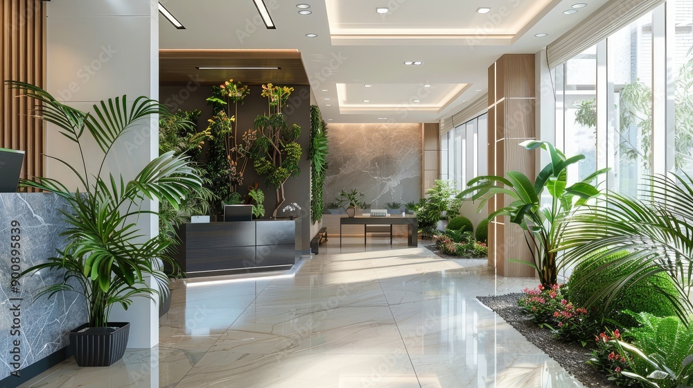 A modern office with a garden-themed design, featuring indoor plants and flowers to create a refreshing environment. A modern office with a garden-themed design, featuring indoor plants and flowers to create a refreshing environment.