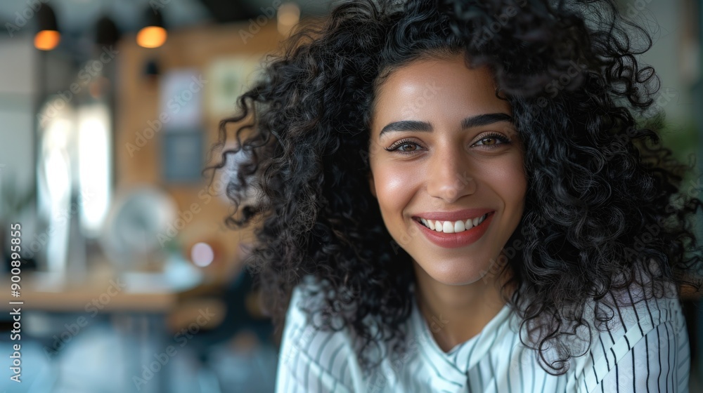 Portrait of a happy woman with curly hair smiling directly at the camera Portrait of a happy woman with curly hair smiling directly at the camera