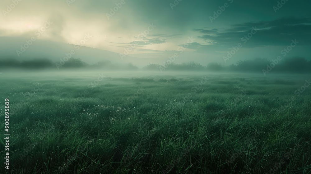 A morning mist settling over a green grass field, creating a mystical and serene scene. A morning mist settling over a green grass field, creating a mystical and serene scene.