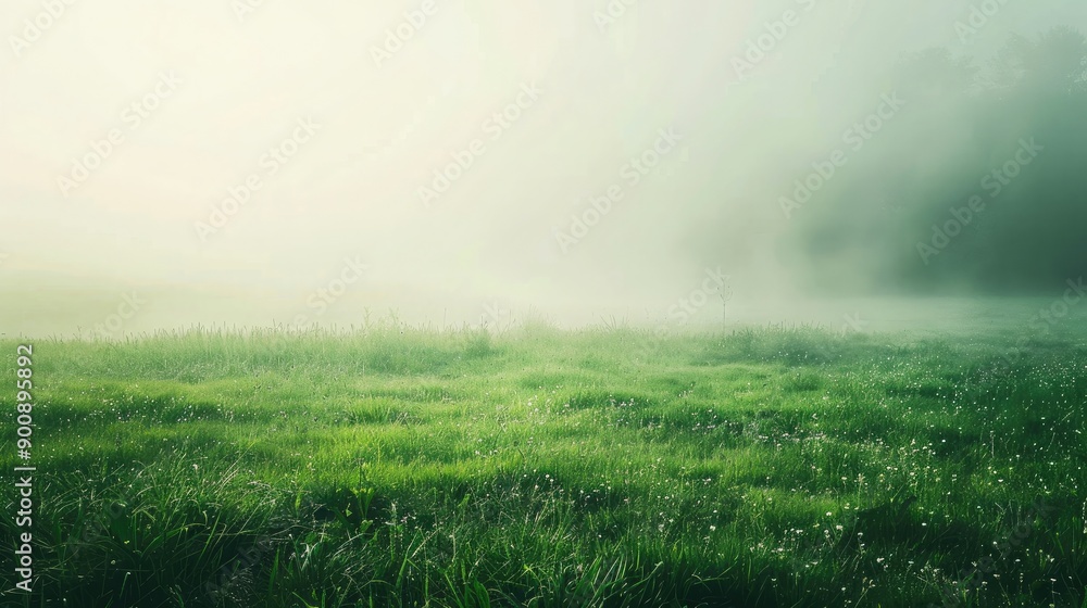 A morning mist settling over a green grass field, creating a mystical and serene scene. A morning mist settling over a green grass field, creating a mystical and serene scene.