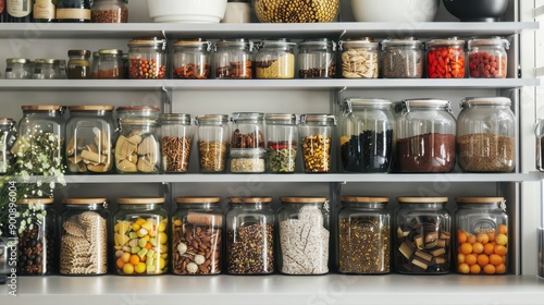 A pantry shelf filled with neatly labeled jars and containers of dry goods and snacks.