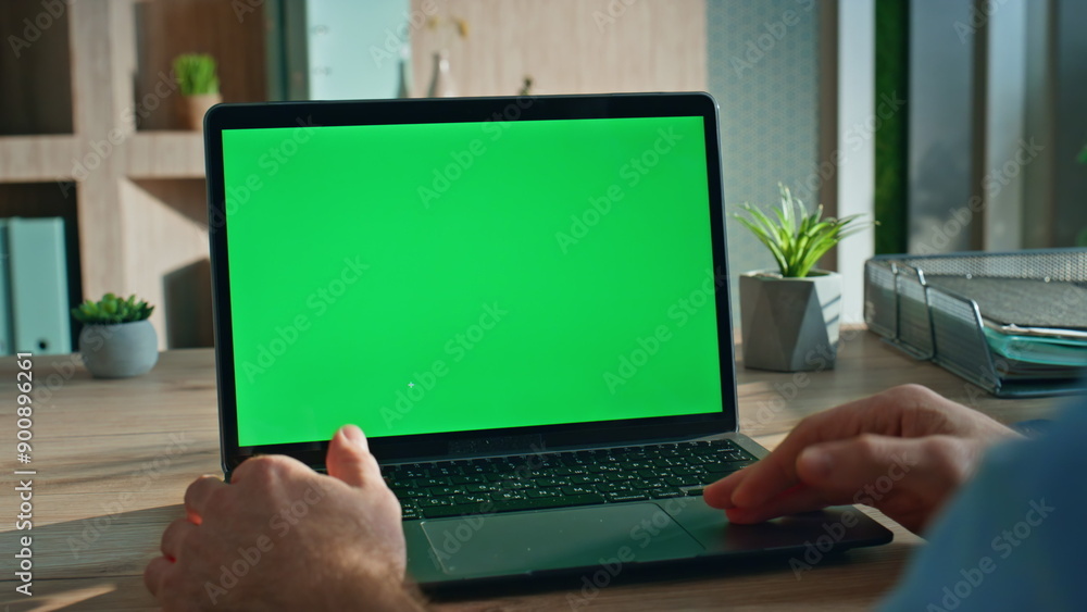 Manager talking mockup laptop having online interview at home office close up. Manager talking mockup laptop having online interview at home office close up.