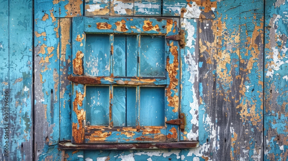 A rustic window with peeling paint, showcasing the character and history of an old farmhouse. A rustic window with peeling paint, showcasing the character and history of an old farmhouse.